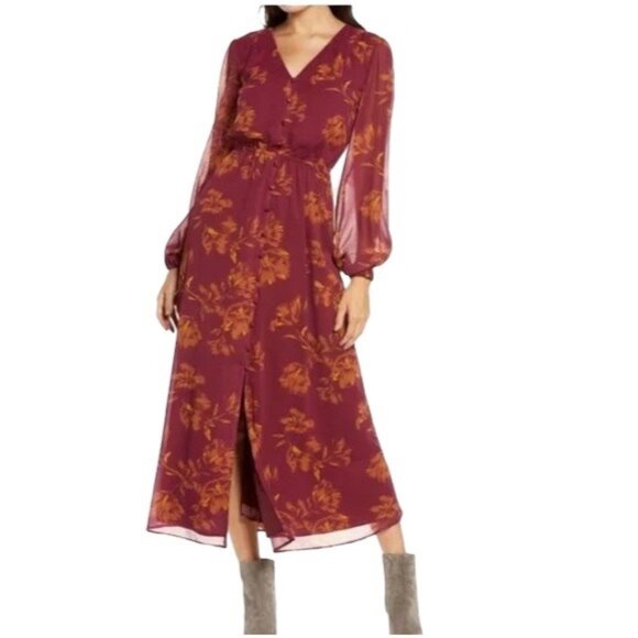 Chelsea28 Chiffon Ling Sleeve Floral Maxi Dress Burgundy Size XS Boho Beach Cute - Picture 1 of 14